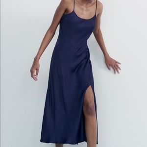 Zara Satin Effect Midi Dress Midnight Blue Navy S